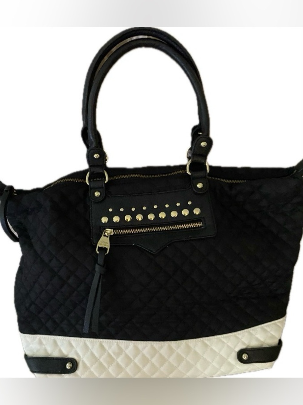 Steve Madden black quilted top zip up tote bag